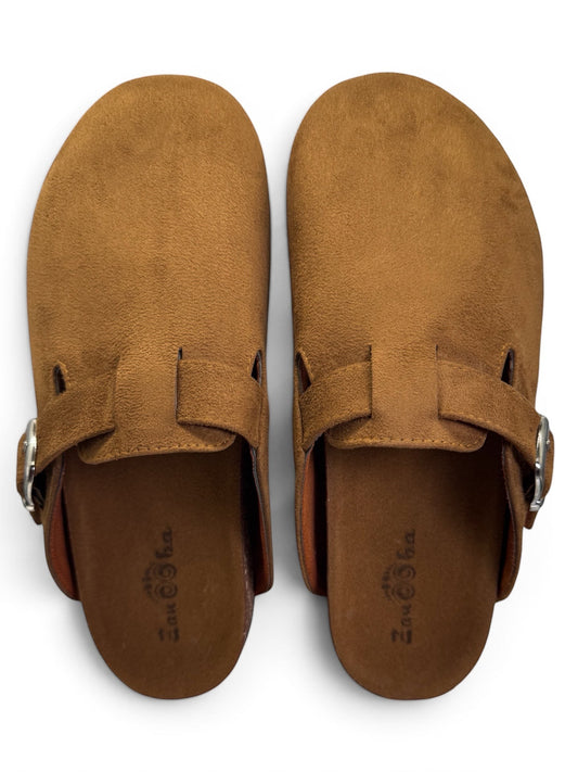 Zanooba camel suede slip-on clogs with adjustable buckle strap and contoured footbed, top view.